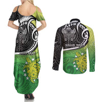 Custom New Zealand Cook Islands Couples Matching Summer Maxi Dress and Long Sleeve Button Shirt Maori Tiki With Circle Stars Turtle - Polynesian Pride