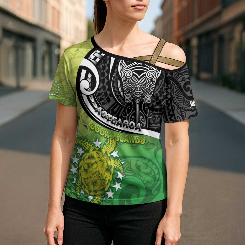 Custom New Zealand Cook Islands Cross Shoulder Shirt Maori Tiki With Circle Stars Turtle - Polynesian Pride
