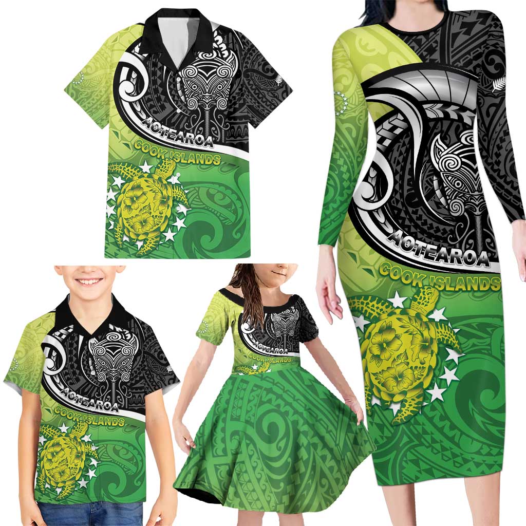 Custom New Zealand Cook Islands Family Matching Long Sleeve Bodycon Dress and Hawaiian Shirt Maori Tiki With Circle Stars Turtle - Polynesian Pride