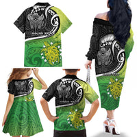Custom New Zealand Cook Islands Family Matching Off The Shoulder Long Sleeve Dress and Hawaiian Shirt Maori Tiki With Circle Stars Turtle - Polynesian Pride