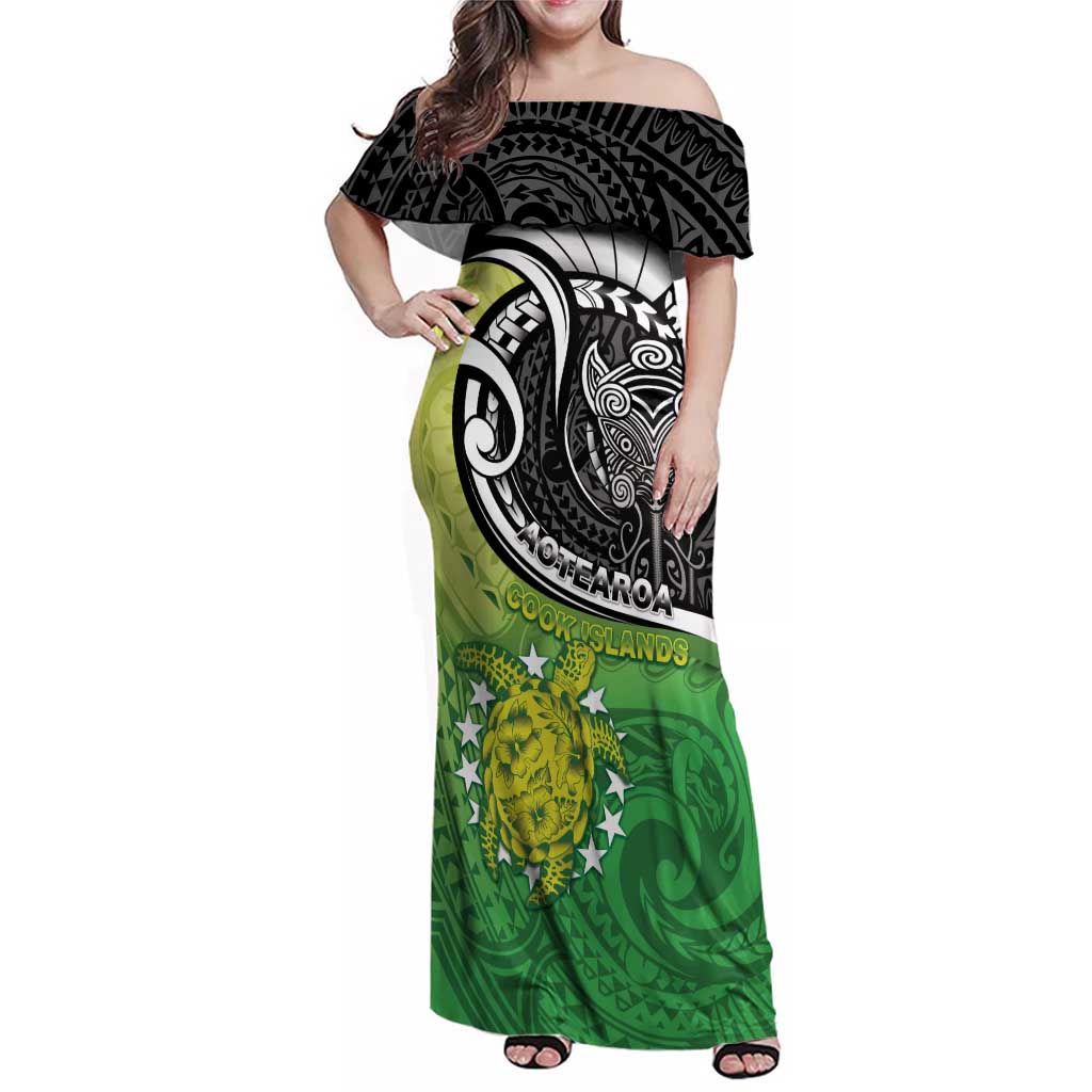 Custom New Zealand Cook Islands Family Matching Off Shoulder Maxi Dress and Hawaiian Shirt Maori Tiki With Circle Stars Turtle - Polynesian Pride
