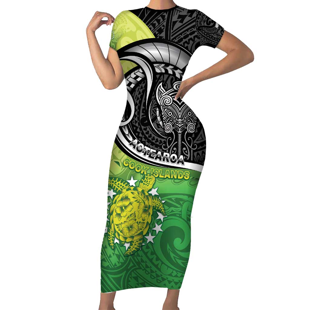 Custom New Zealand Cook Islands Family Matching Short Sleeve Bodycon Dress and Hawaiian Shirt Maori Tiki With Circle Stars Turtle - Polynesian Pride