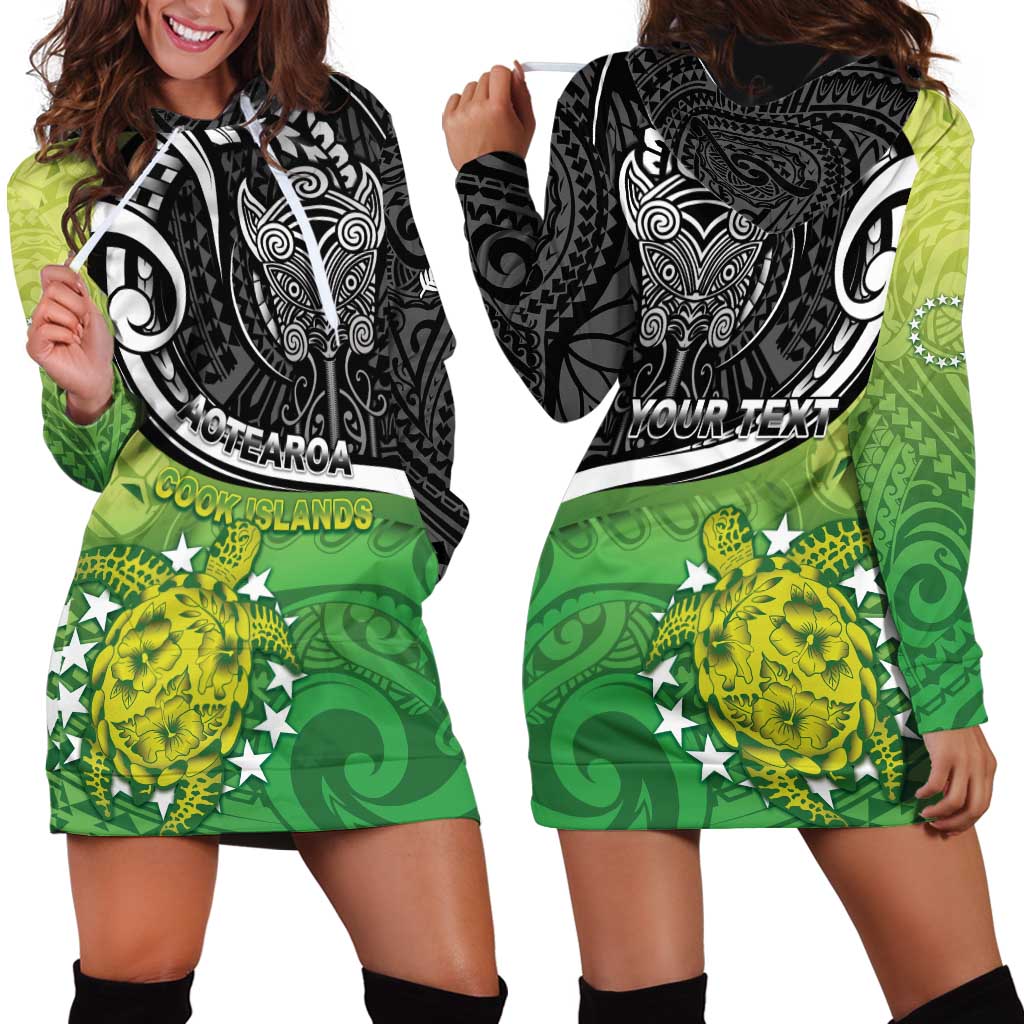 Custom New Zealand Cook Islands Hoodie Dress Maori Tiki With Circle Stars Turtle - Polynesian Pride