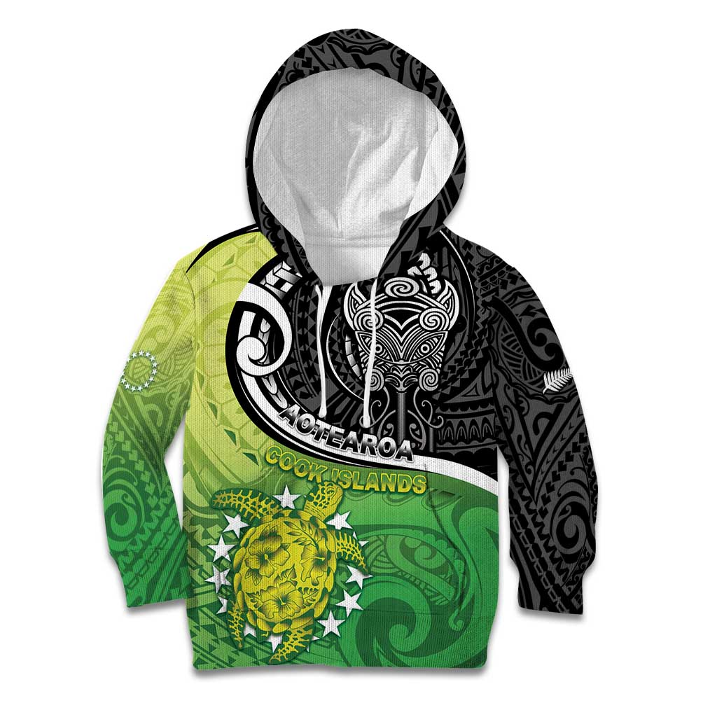 Custom New Zealand Cook Islands Kid Hoodie Maori Tiki With Circle Stars Turtle - Polynesian Pride