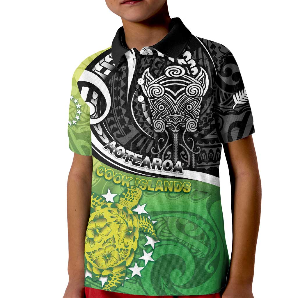 Custom New Zealand Cook Islands Kid Polo Shirt Maori Tiki With Circle Stars Turtle - Polynesian Pride