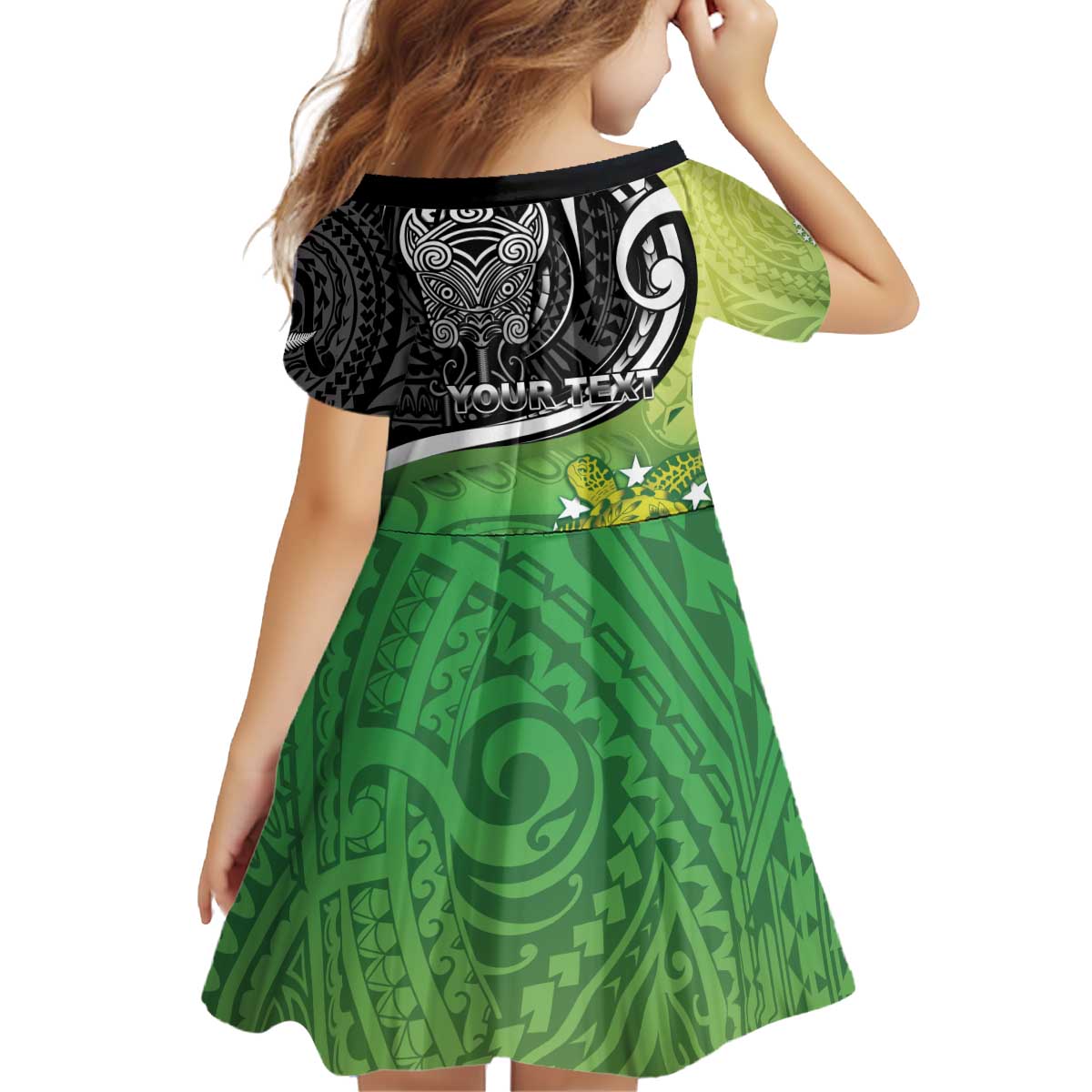 Custom New Zealand Cook Islands Kid Short Sleeve Dress Maori Tiki With Circle Stars Turtle - Polynesian Pride