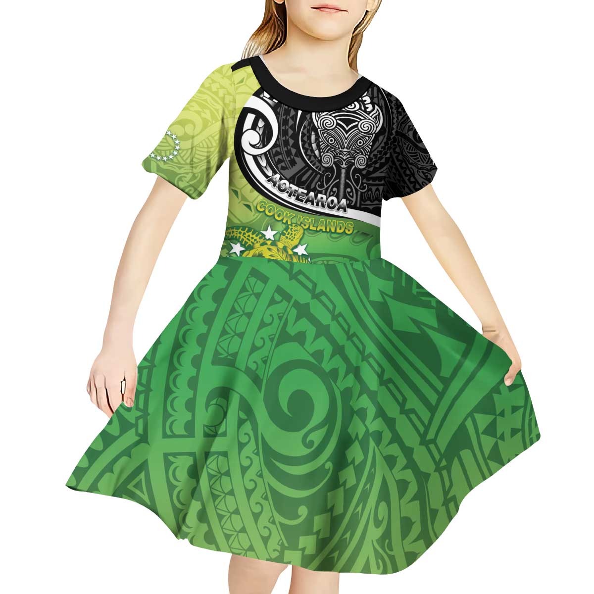 Custom New Zealand Cook Islands Kid Short Sleeve Dress Maori Tiki With Circle Stars Turtle - Polynesian Pride