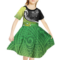 Custom New Zealand Cook Islands Kid Short Sleeve Dress Maori Tiki With Circle Stars Turtle - Polynesian Pride
