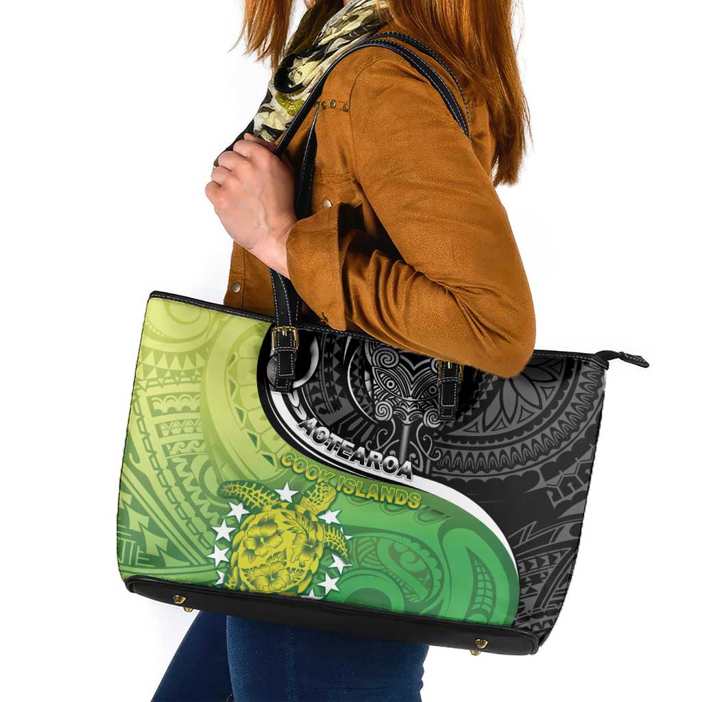 New Zealand Cook Islands Leather Tote Bag Maori Tiki With Circle Stars Turtle - Polynesian Pride