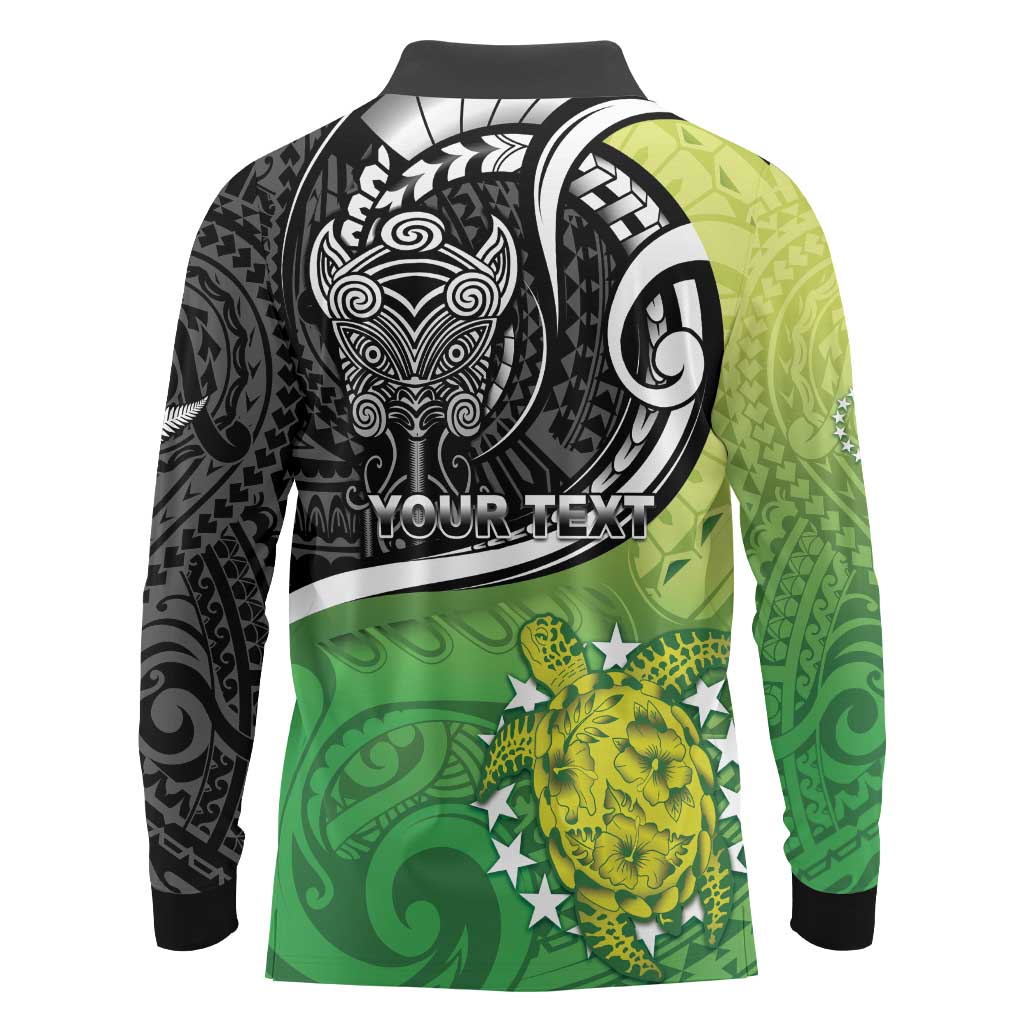 Personalised New Zealand Cook Islands Long Sleeve Polo Shirt Maori Tiki With Circle Stars Turtle LT05 - Polynesian Pride