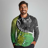 Personalised New Zealand Cook Islands Long Sleeve Polo Shirt Maori Tiki With Circle Stars Turtle LT05 - Polynesian Pride