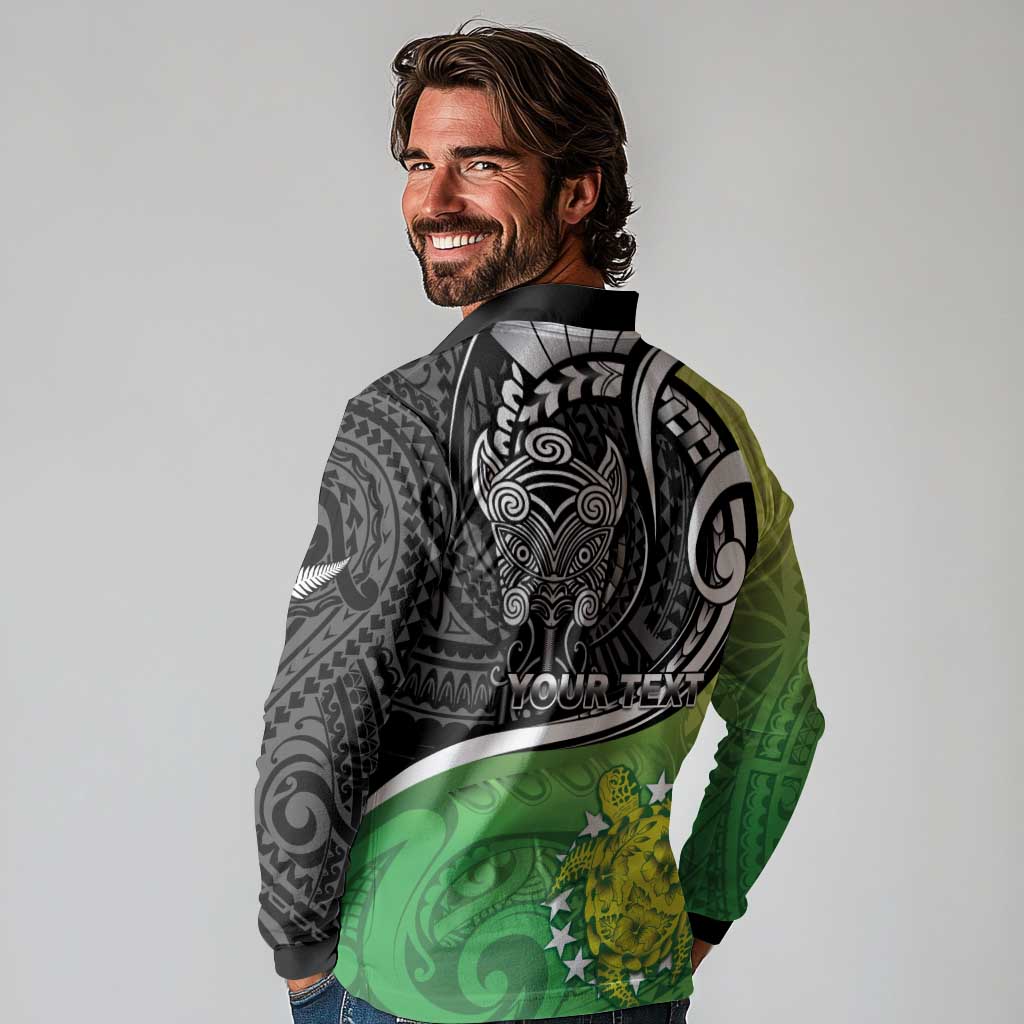 Personalised New Zealand Cook Islands Long Sleeve Polo Shirt Maori Tiki With Circle Stars Turtle LT05 - Polynesian Pride