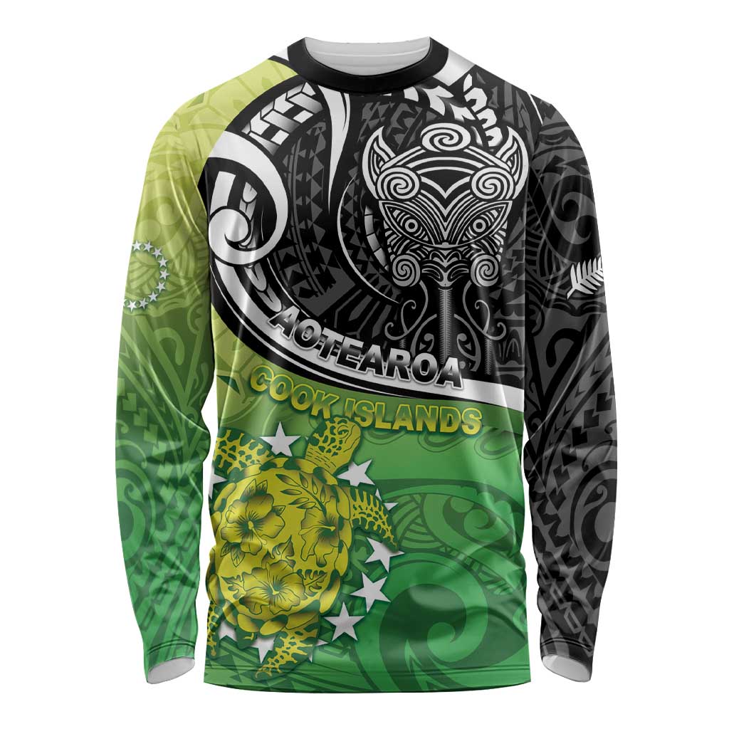 Custom New Zealand Cook Islands Long Sleeve Shirt Maori Tiki With Circle Stars Turtle - Polynesian Pride