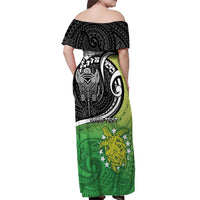 Custom New Zealand Cook Islands Off Shoulder Maxi Dress Maori Tiki With Circle Stars Turtle - Polynesian Pride