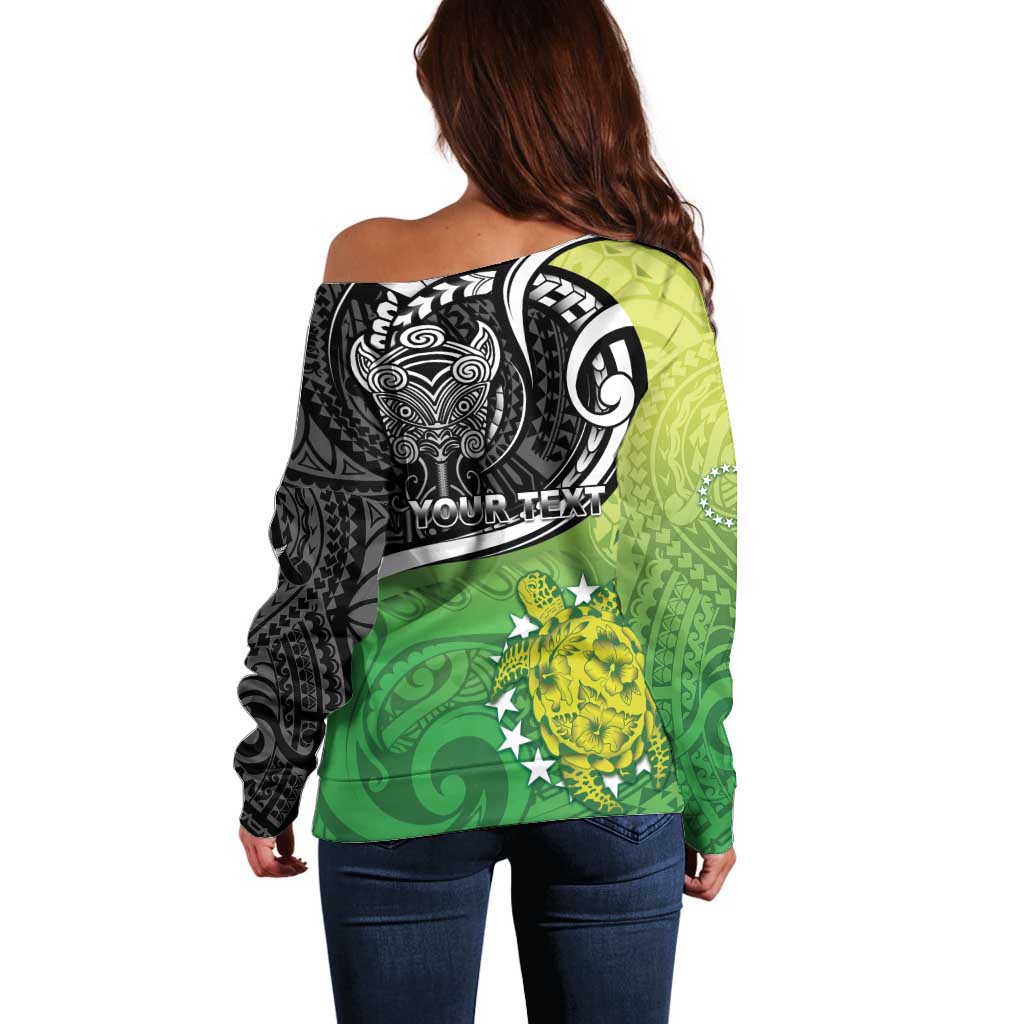Custom New Zealand Cook Islands Off Shoulder Sweater Maori Tiki With Circle Stars Turtle - Polynesian Pride