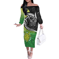 Custom New Zealand Cook Islands Off The Shoulder Long Sleeve Dress Maori Tiki With Circle Stars Turtle - Polynesian Pride