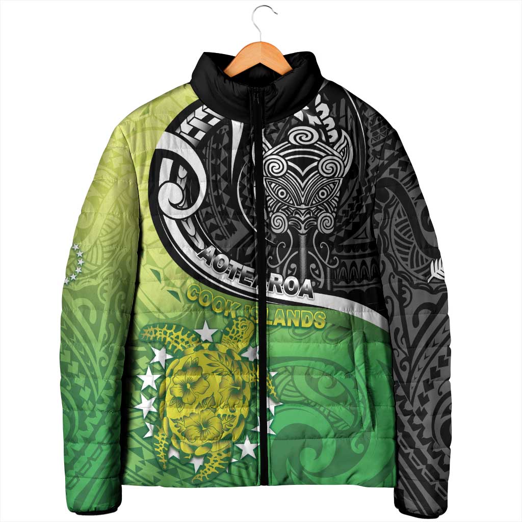 Custom New Zealand Cook Islands Padded Jacket Maori Tiki With Circle Stars Turtle - Polynesian Pride