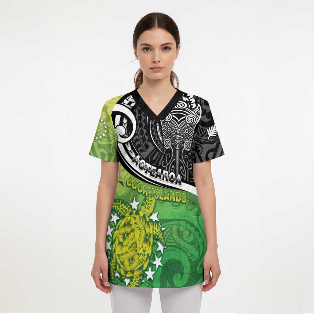 Custom New Zealand Cook Islands Scrub Top Maori Tiki With Circle Stars Turtle - Polynesian Pride