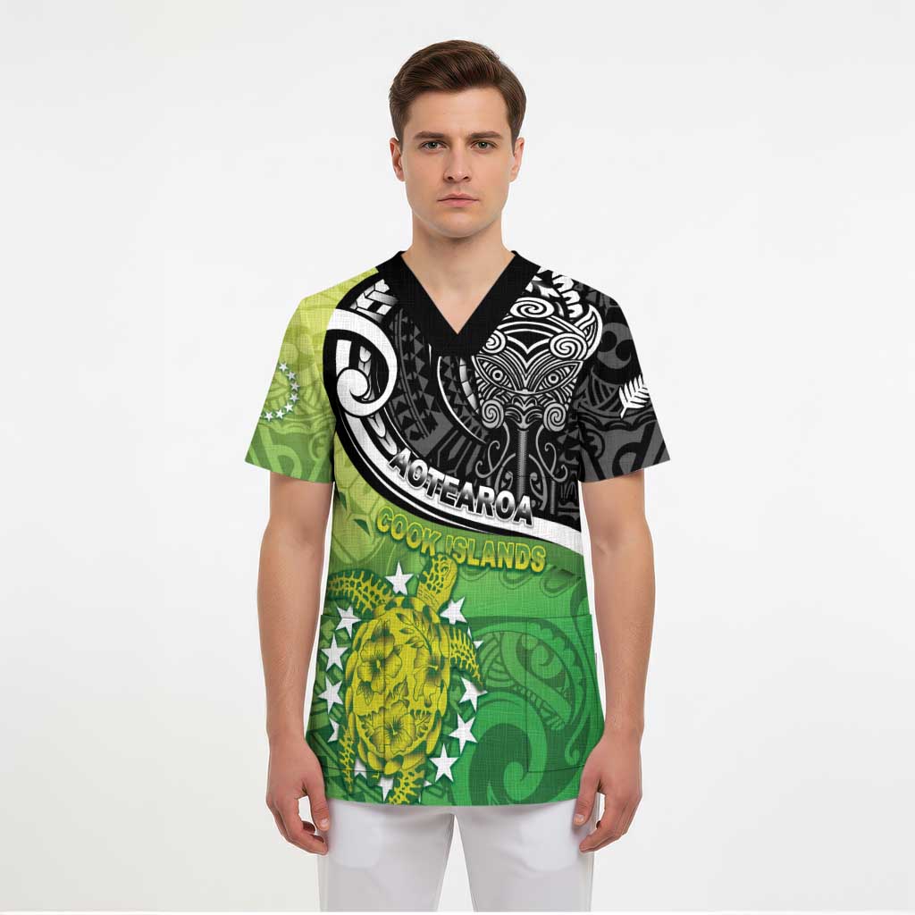 Custom New Zealand Cook Islands Scrub Top Maori Tiki With Circle Stars Turtle - Polynesian Pride