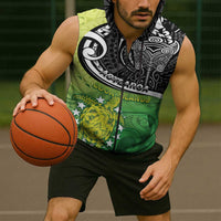 Custom New Zealand Cook Islands Sleeveless Zip Hoodie Maori Tiki With Circle Stars Turtle - Polynesian Pride