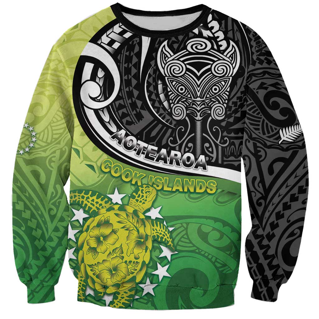 Custom New Zealand Cook Islands Sweatshirt Maori Tiki With Circle Stars Turtle - Polynesian Pride
