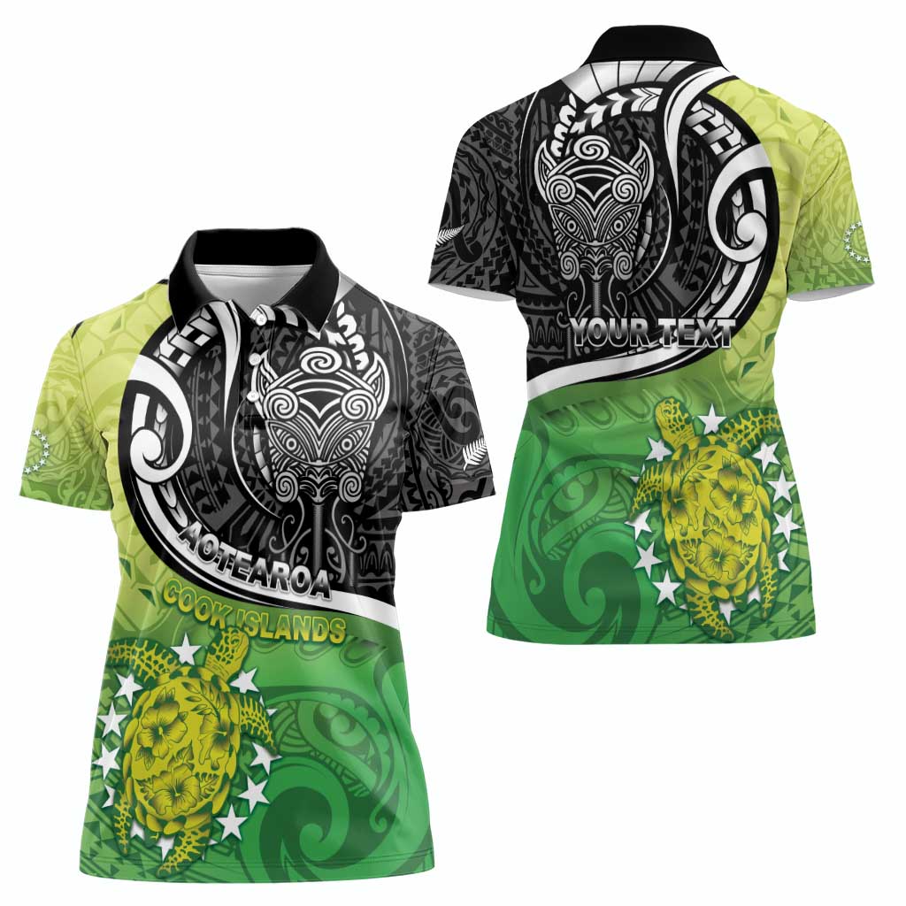 Custom New Zealand Cook Islands Women Polo Shirt Maori Tiki With Circle Stars Turtle - Polynesian Pride