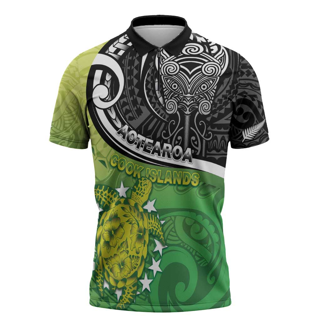 Custom New Zealand Cook Islands Zipper Polo Shirt Maori Tiki With Circle Stars Turtle - Polynesian Pride