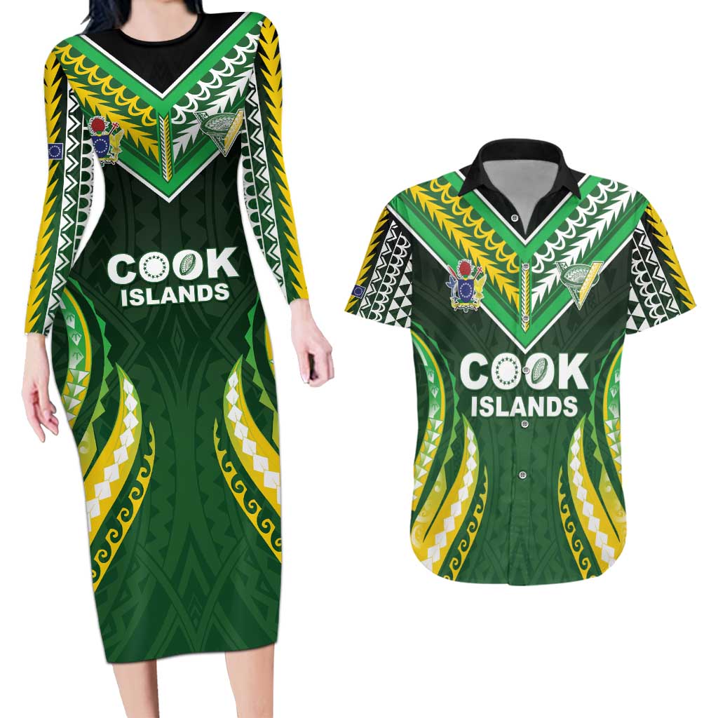 Custom Cook Islands Rugby Couples Matching Long Sleeve Bodycon Dress and Hawaiian Shirt Unique Style Green Version - Polynesian Pride
