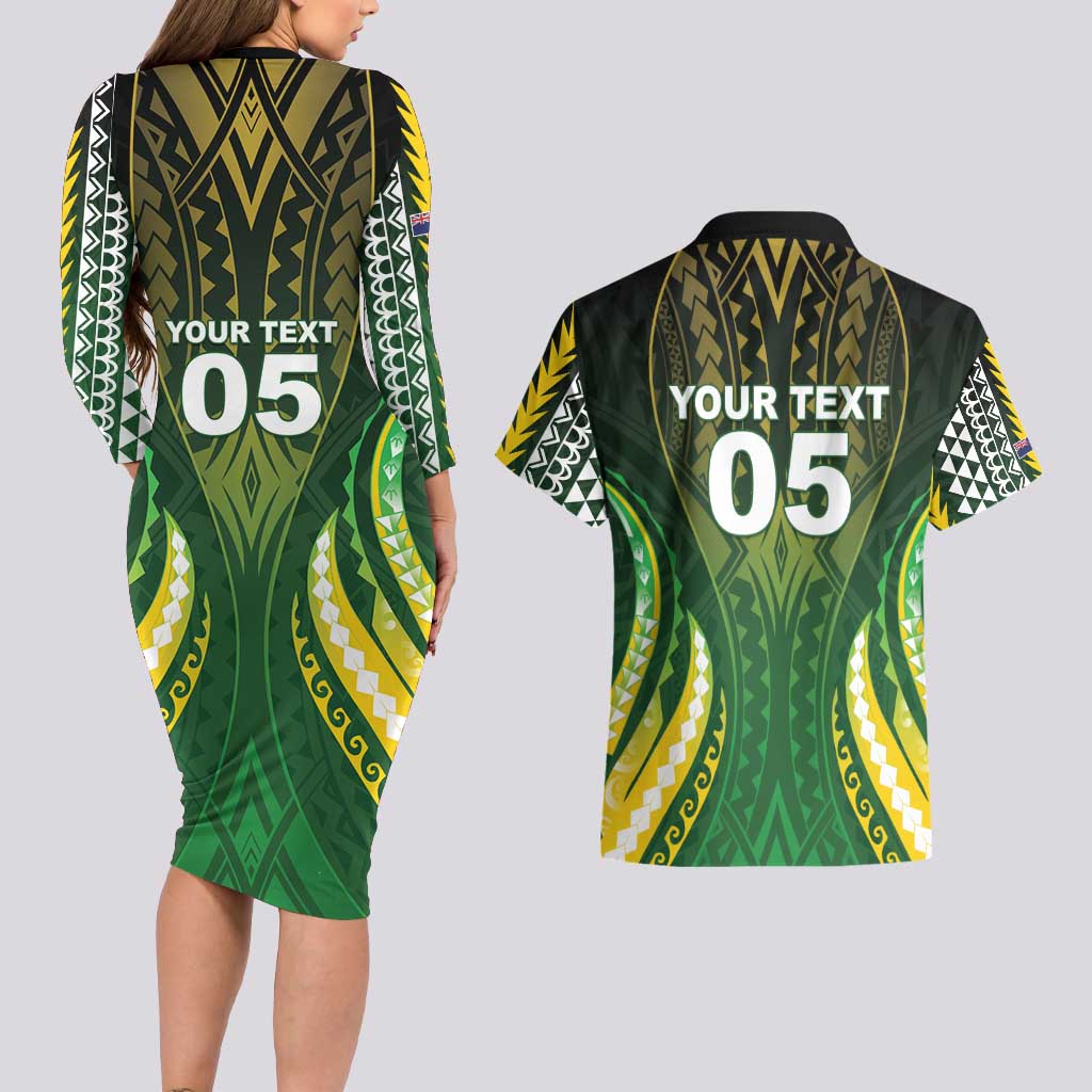 Custom Cook Islands Rugby Couples Matching Long Sleeve Bodycon Dress and Hawaiian Shirt Unique Style Green Version - Polynesian Pride
