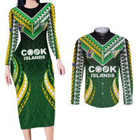 Custom Cook Islands Rugby Couples Matching Long Sleeve Bodycon Dress and Long Sleeve Button Shirt Unique Style Green Version - Polynesian Pride
