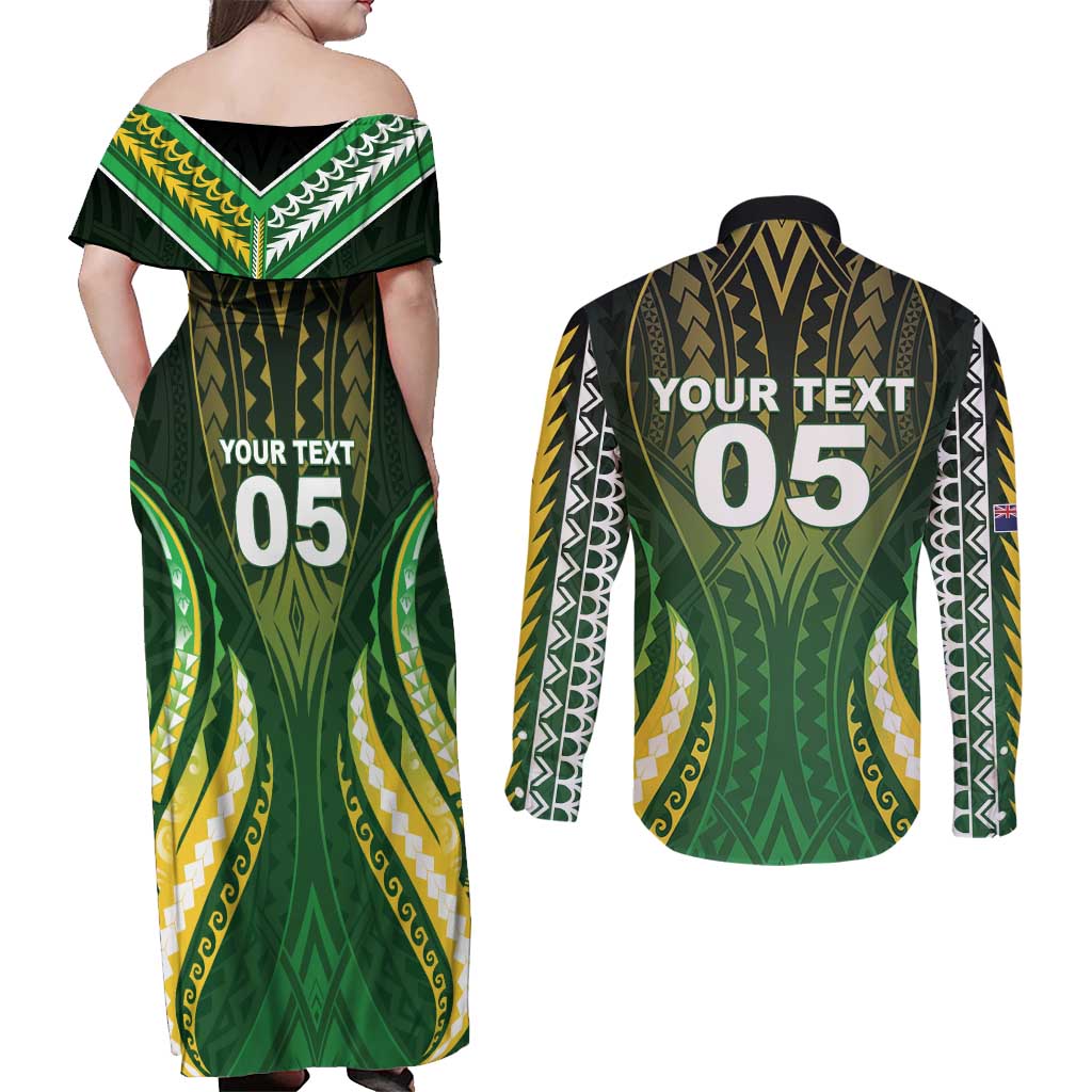 Custom Cook Islands Rugby Couples Matching Off Shoulder Maxi Dress and Long Sleeve Button Shirt Unique Style Green Version - Polynesian Pride