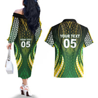 Custom Cook Islands Rugby Couples Matching Off The Shoulder Long Sleeve Dress and Hawaiian Shirt Unique Style Green Version - Polynesian Pride