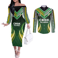 Custom Cook Islands Rugby Couples Matching Off The Shoulder Long Sleeve Dress and Long Sleeve Button Shirt Unique Style Green Version - Polynesian Pride