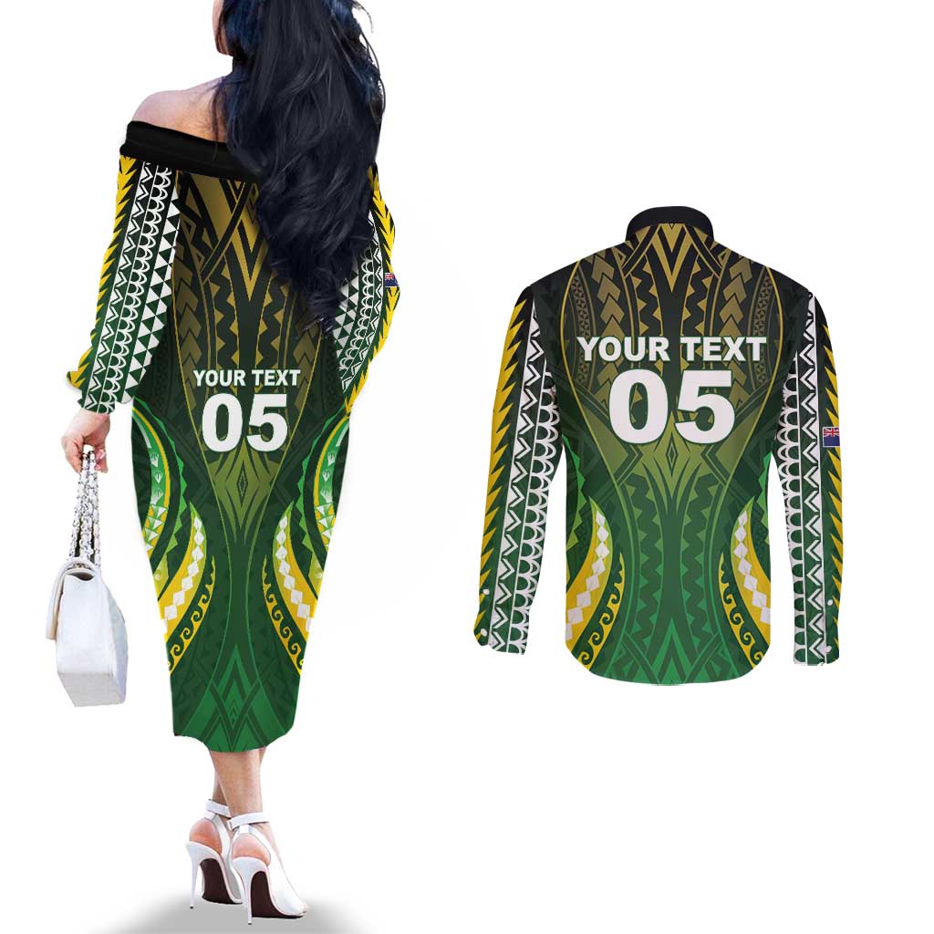 Custom Cook Islands Rugby Couples Matching Off The Shoulder Long Sleeve Dress and Long Sleeve Button Shirt Unique Style Green Version - Polynesian Pride