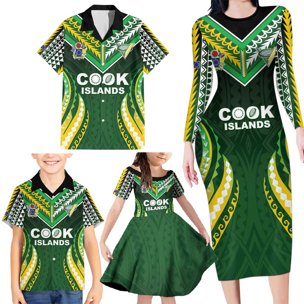 Custom Cook Islands Rugby Family Matching Long Sleeve Bodycon Dress and Hawaiian Shirt Unique Style Green Version - Polynesian Pride