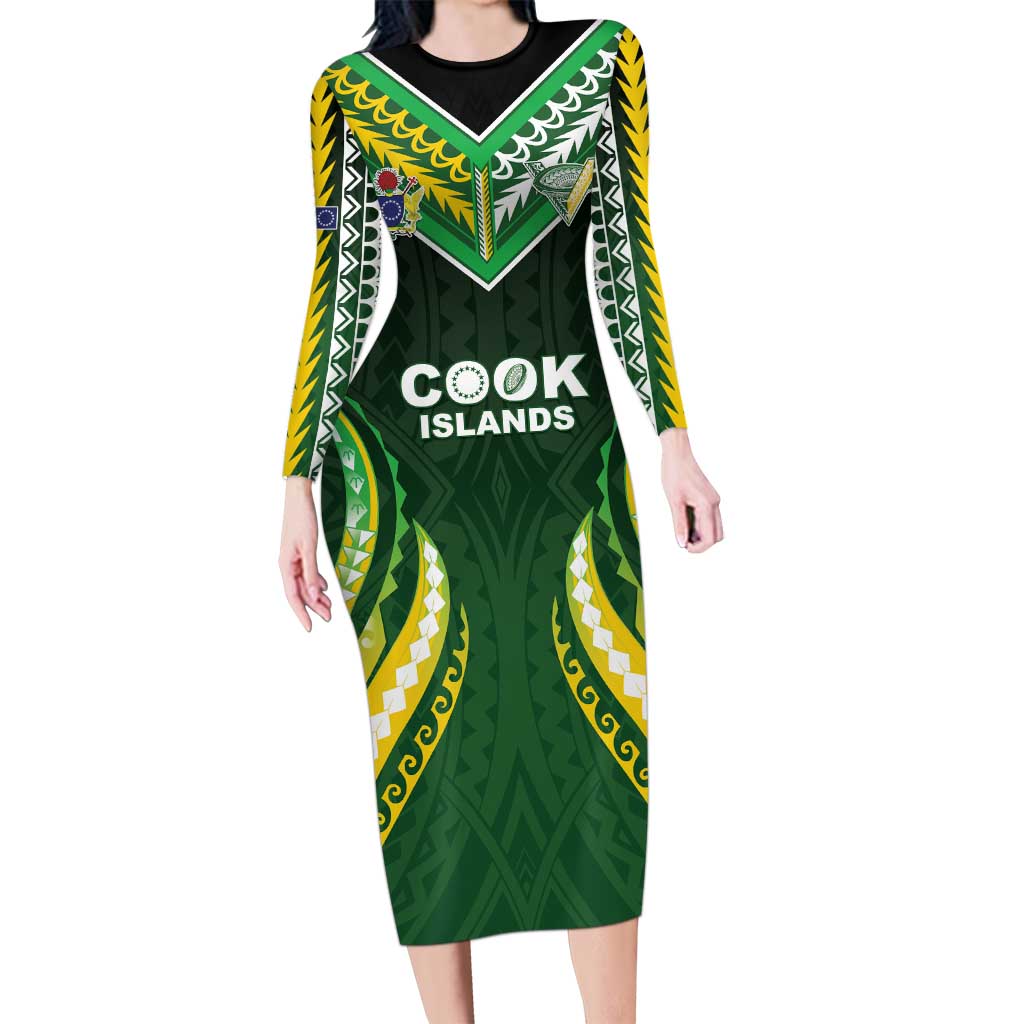 Custom Cook Islands Rugby Family Matching Long Sleeve Bodycon Dress and Hawaiian Shirt Unique Style Green Version - Polynesian Pride