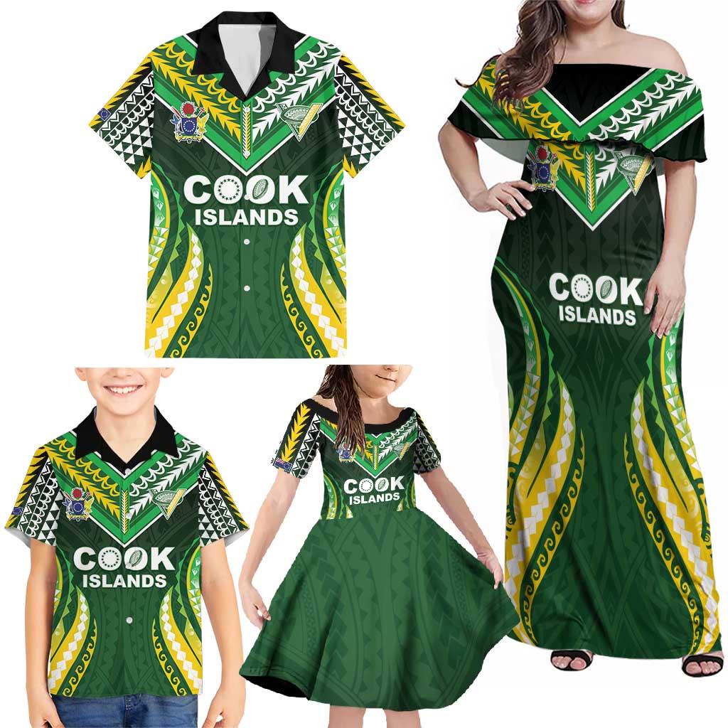 Custom Cook Islands Rugby Family Matching Off Shoulder Maxi Dress and Hawaiian Shirt Unique Style Green Version - Polynesian Pride