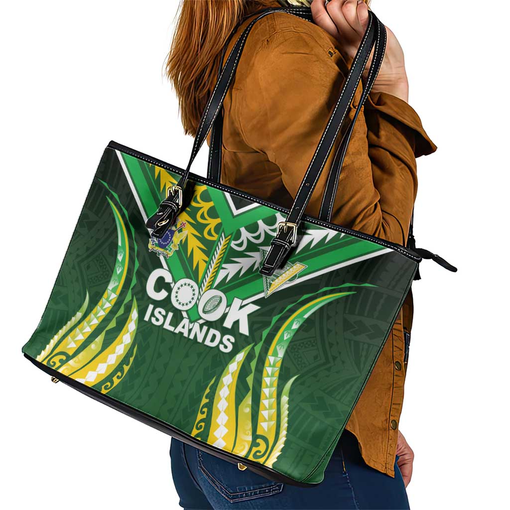Cook Islands Rugby Leather Tote Bag Unique Style Green Version - Polynesian Pride