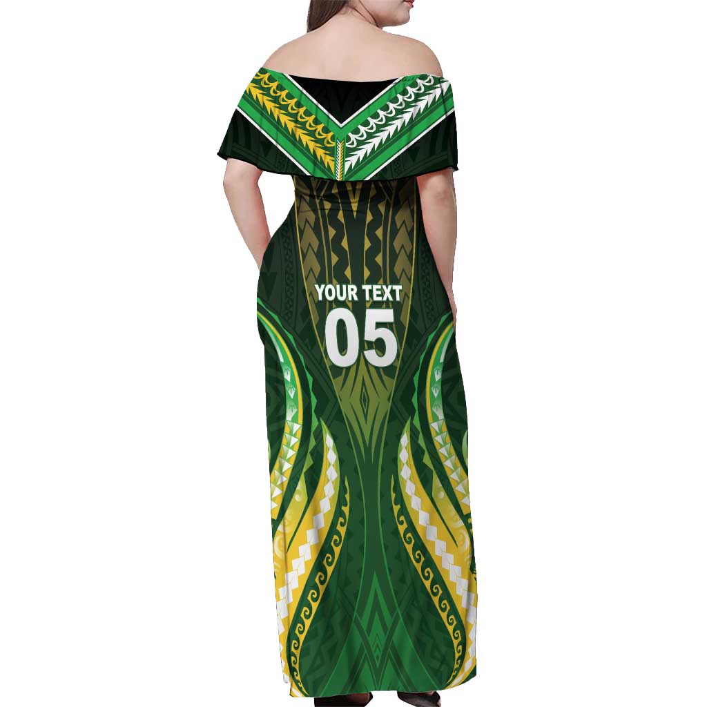 Custom Cook Islands Rugby Off Shoulder Maxi Dress Unique Style Green Version - Polynesian Pride