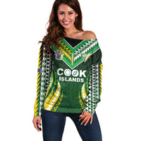 Custom Cook Islands Rugby Off Shoulder Sweater Unique Style Green Version - Polynesian Pride
