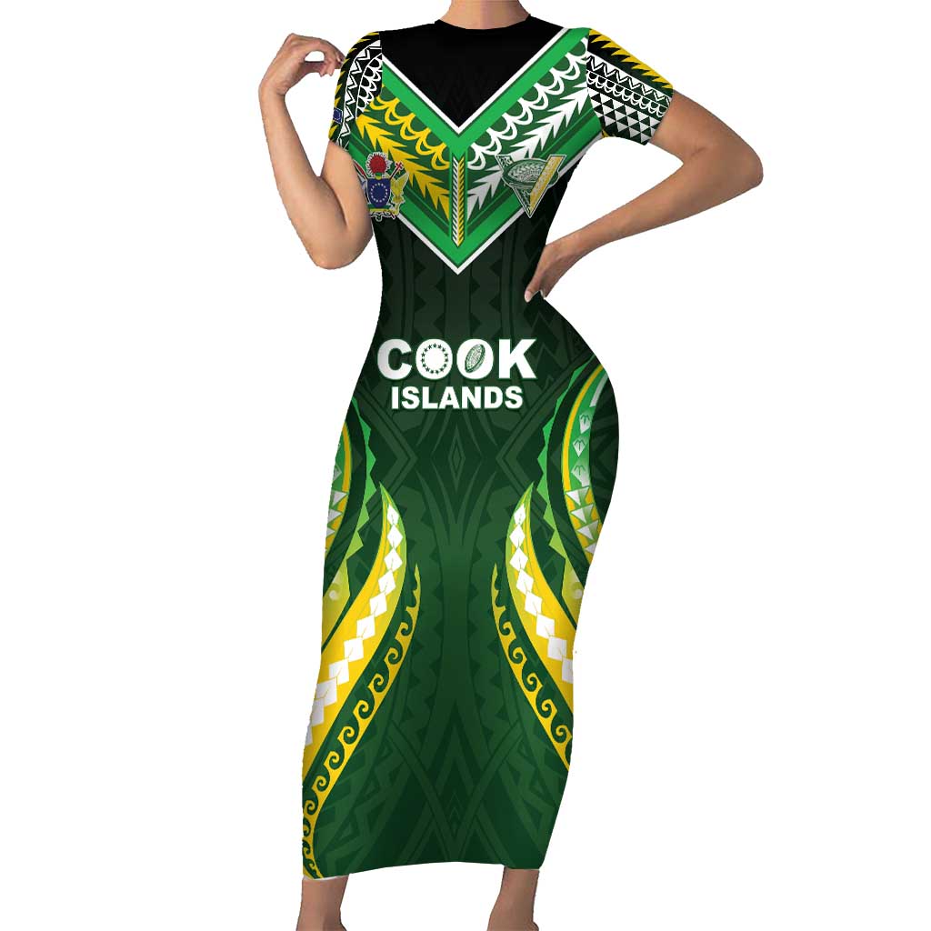 Custom Cook Islands Rugby Short Sleeve Bodycon Dress Unique Style Green Version - Polynesian Pride