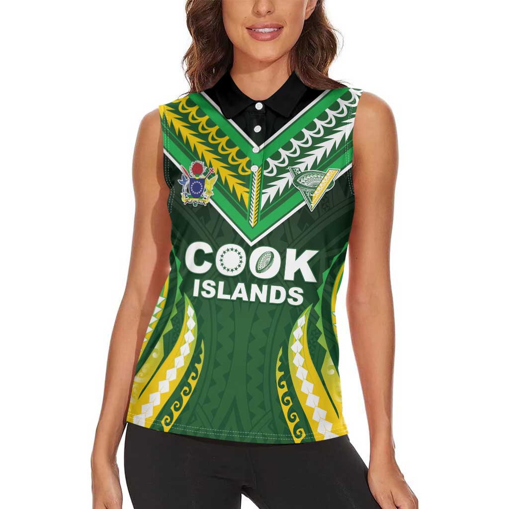Custom Cook Islands Rugby Women Sleeveless Polo Shirt Unique Style Green Version - Polynesian Pride