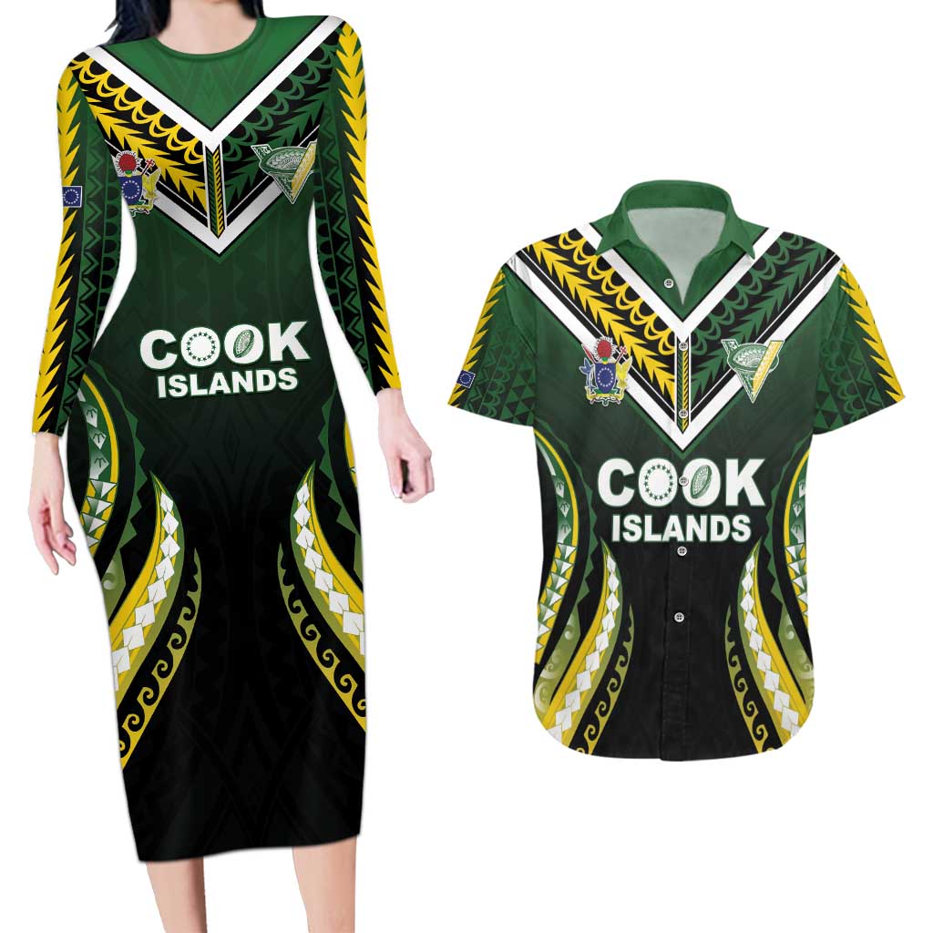 Custom Cook Islands Rugby Couples Matching Long Sleeve Bodycon Dress and Hawaiian Shirt Unique Style Black Version - Polynesian Pride