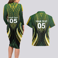 Custom Cook Islands Rugby Couples Matching Long Sleeve Bodycon Dress and Hawaiian Shirt Unique Style Black Version - Polynesian Pride