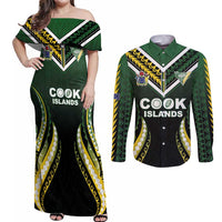 Custom Cook Islands Rugby Couples Matching Off Shoulder Maxi Dress and Long Sleeve Button Shirt Unique Style Black Version - Polynesian Pride