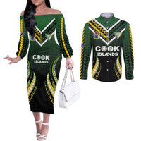 Custom Cook Islands Rugby Couples Matching Off The Shoulder Long Sleeve Dress and Long Sleeve Button Shirt Unique Style Black Version - Polynesian Pride