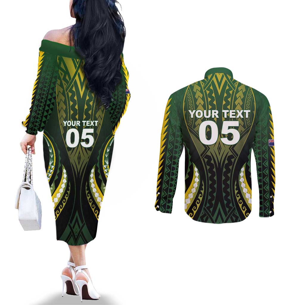 Custom Cook Islands Rugby Couples Matching Off The Shoulder Long Sleeve Dress and Long Sleeve Button Shirt Unique Style Black Version - Polynesian Pride