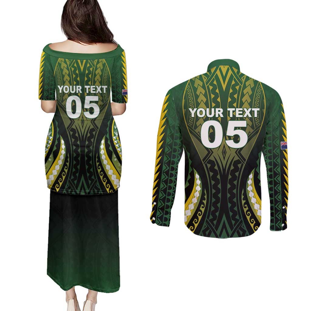 Custom Cook Islands Rugby Couples Matching Puletasi and Long Sleeve Button Shirt Unique Style Black Version - Polynesian Pride