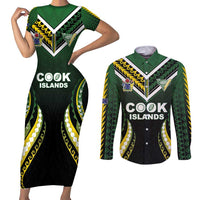Custom Cook Islands Rugby Couples Matching Short Sleeve Bodycon Dress and Long Sleeve Button Shirt Unique Style Black Version - Polynesian Pride
