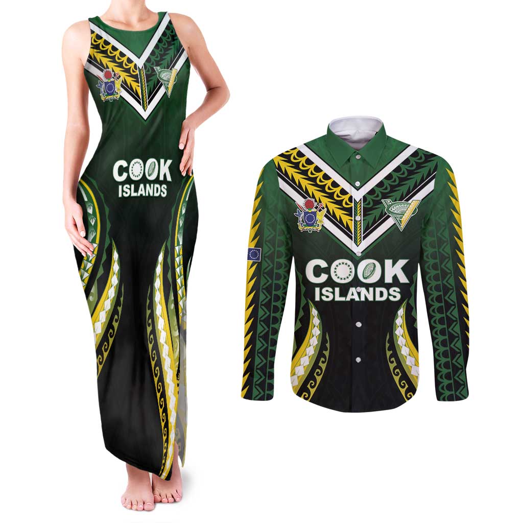 Custom Cook Islands Rugby Couples Matching Tank Maxi Dress and Long Sleeve Button Shirt Unique Style Black Version - Polynesian Pride